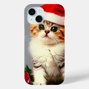 Vintage Christmas Kitten in Santa Hat iPhone 15 Case