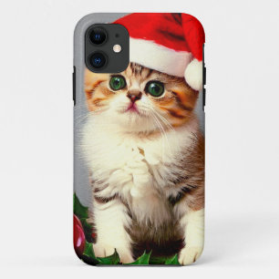 Vintage Christmas Kitten in Santa Hat iPhone 11 Case
