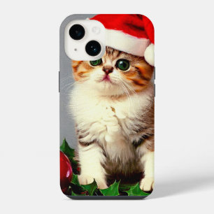 Vintage Christmas Kitten in Santa Hat iPhone 14 Case