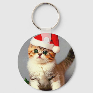 Vintage Christmas Kitten in Santa Hat Key Ring