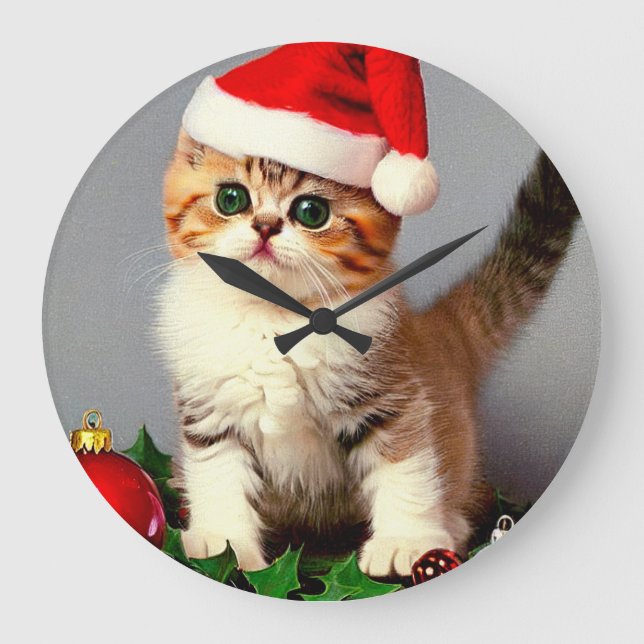 Vintage Christmas Kitten in Santa Hat Large Clock (Front)