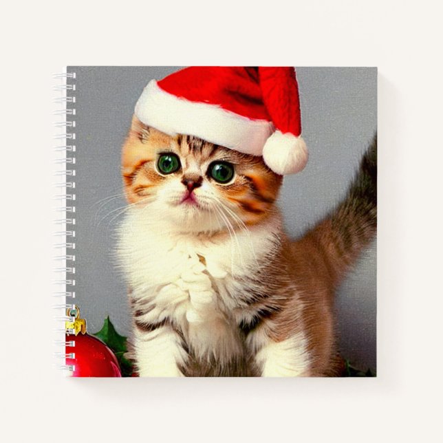 Vintage Christmas Kitten in Santa Hat Notebook (Front)