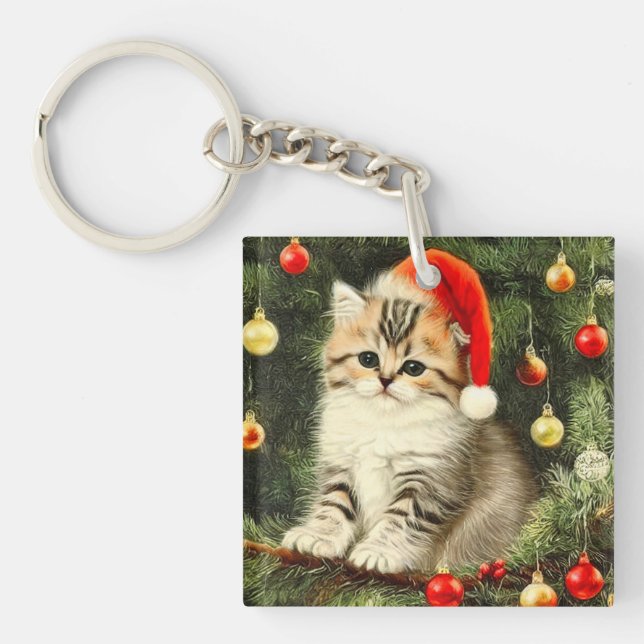 Vintage Christmas Kitten Key Ring (Front)