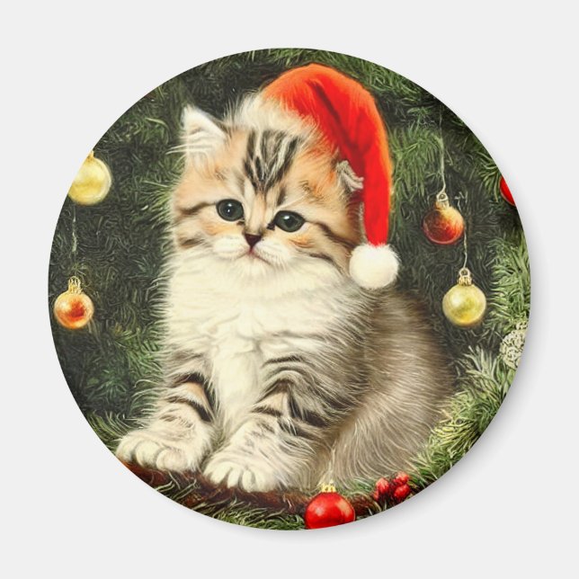 Vintage Christmas Kitten Magnet (Front)