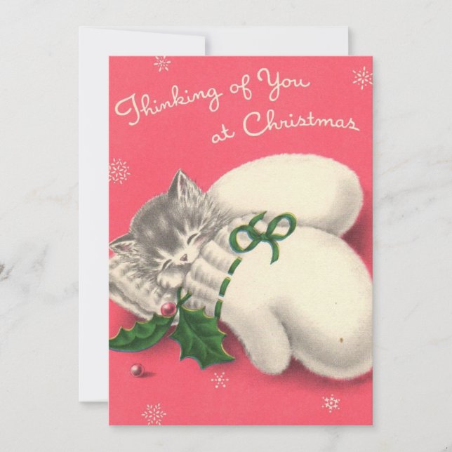 Vintage Christmas Kitten Mittens Holiday Card (Front)