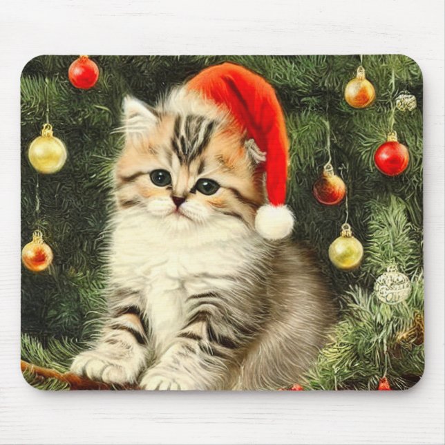 Vintage Christmas Kitten Mouse Mat (Front)