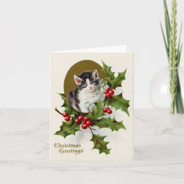 Vintage Christmas Kitten Note Card (Front)