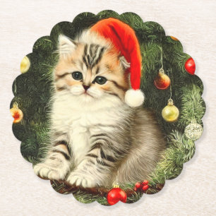Vintage Christmas Kitten Paper Coaster