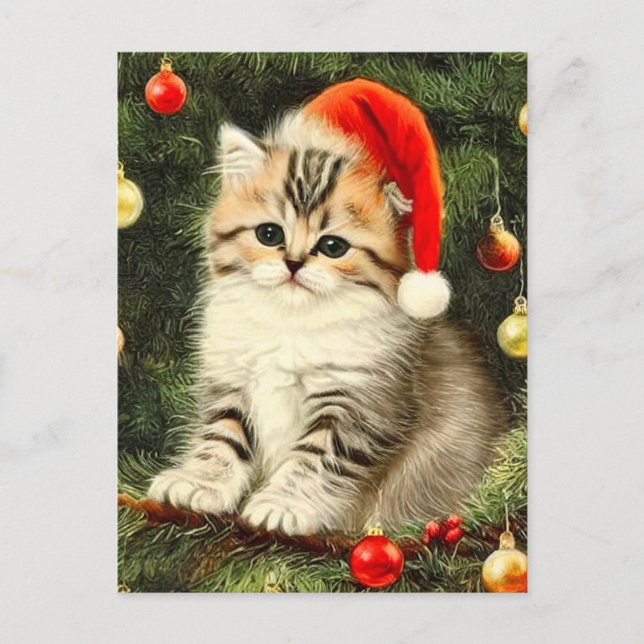 Vintage Christmas Kitten Postcard (Front)