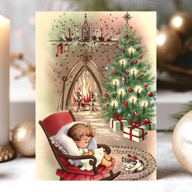 Vintage Christmas Kitten Sleeping Baby Fireplace Holiday Card (Creator Uploaded)