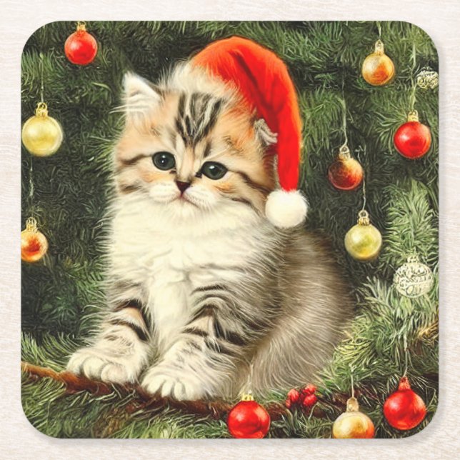 Vintage Christmas Kitten Square Paper Coaster (Front)