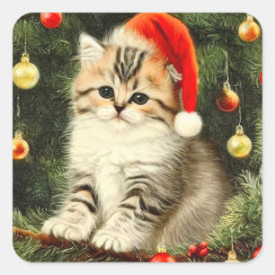 Vintage Christmas Kitten Square Sticker