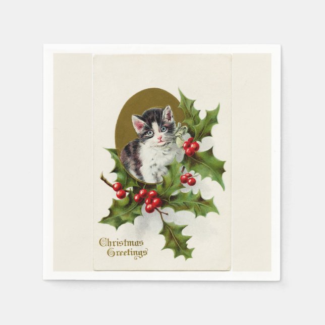 Vintage Christmas Kitten White Napkin (Front)