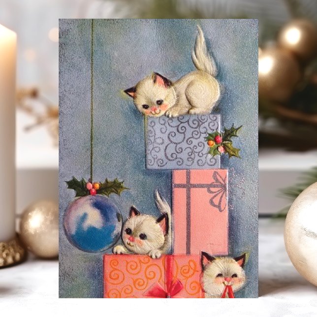 Vintage Christmas Kittens and Gifts Holiday Card (Creator Uploaded)