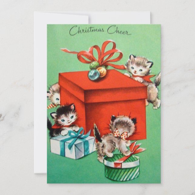 Vintage Christmas Kittens By Presents Holiday Card (Front)