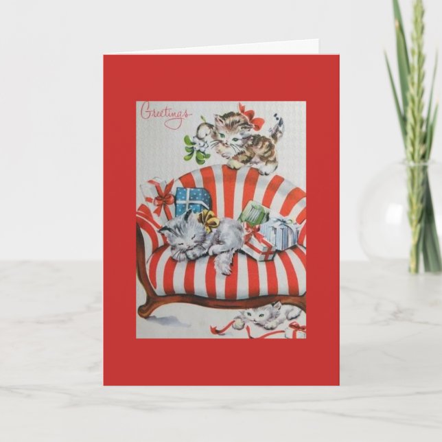 Vintage - Christmas Kittens & Gifts, Holiday Card (Front)