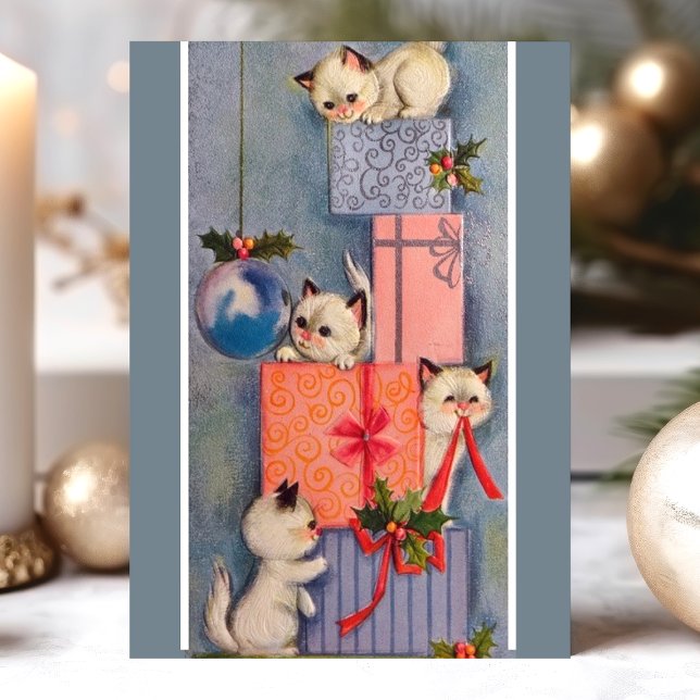 Vintage Christmas Kittens Playing On Gifts Holiday Postcard (Creator Uploaded)
