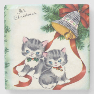 Vintage Christmas Kittens Stone Coaster
