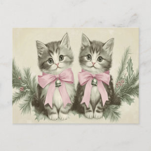 Vintage Christmas Kittens with Pink Bows Postcard