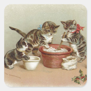 Vintage Christmas Kitty Cats Making Pudding Square Sticker