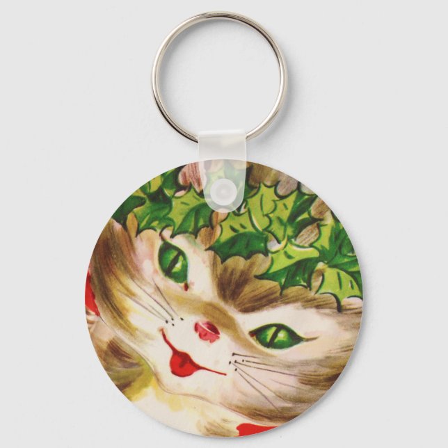 vintage Christmas kitty Key Ring (Front)