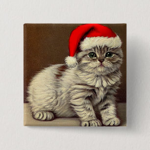 Vintage Christmas Kitty Wearing Santa Hat 15 Cm Square Badge