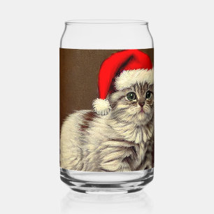 Vintage Christmas Kitty Wearing Santa Hat Can Glass