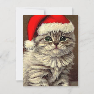 Vintage Christmas Kitty Wearing Santa Hat Card