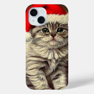 Vintage Christmas Kitty Wearing Santa Hat iPhone 15 Case