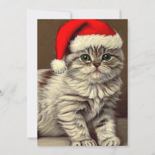 Vintage Christmas Kitty Wearing Santa Hat Holiday Card