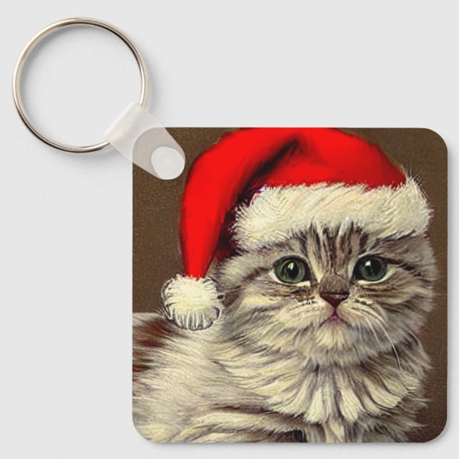 Vintage Christmas Kitty Wearing Santa Hat Key Ring (Front)