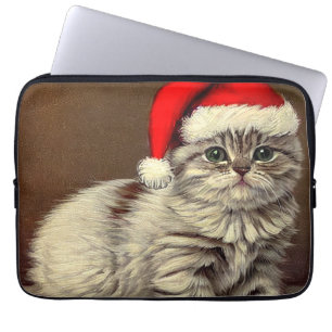 Vintage Christmas Kitty Wearing Santa Hat Laptop Sleeve