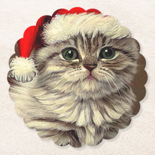 Vintage Christmas Kitty Wearing Santa Hat Paper Coaster