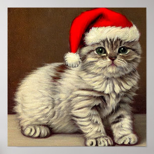 Vintage Christmas Kitty Wearing Santa Hat Poster