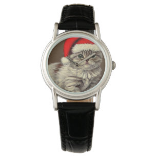 Vintage Christmas Kitty Wearing Santa Hat Watch