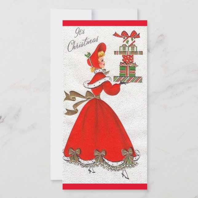 Vintage Christmas Lady Brings Gifts Holiday Card (Front)