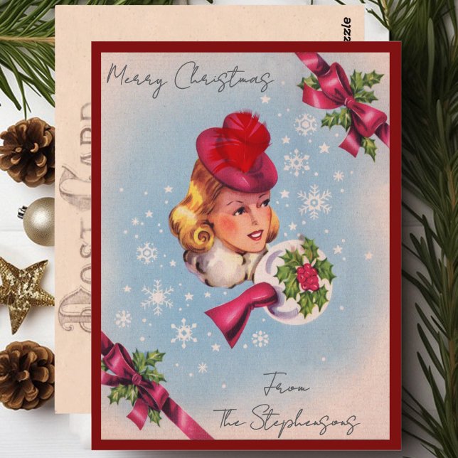 Vintage Christmas Lady Custom Name Postcard (Creator Uploaded)