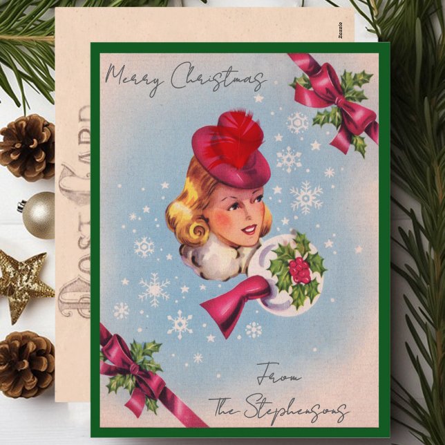Vintage Christmas Lady Custom Name Postcard (Creator Uploaded)