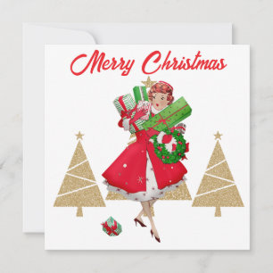 Vintage Christmas Lady Gifts Red Green Gold Tree Holiday Card