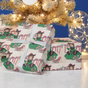 Vintage Christmas Lady Hanging Candy Canes Wrapping Paper