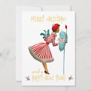 Vintage Christmas lady Merry Christmas greeting Holiday Card