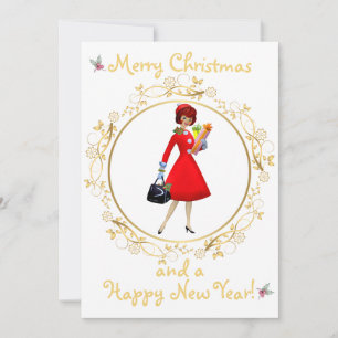 Vintage Christmas lady Merry Christmas greeting Holiday Card