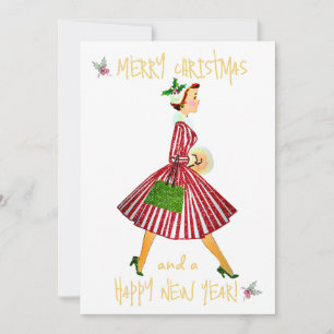 Vintage Christmas lady Merry Christmas greeting Holiday Card