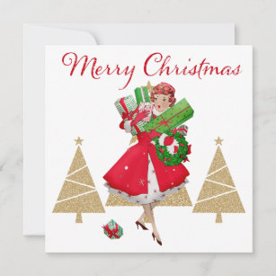 Vintage Christmas Lady Presents Red Green Gold Holiday Card