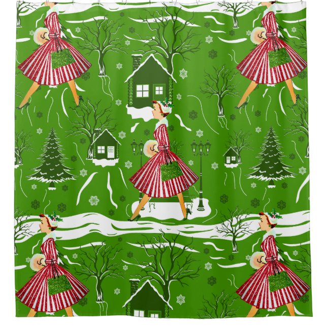 vintage christmas lady snowflakes 1950s  shower curtain (Front)