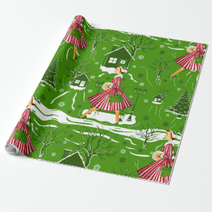 vintage christmas lady snowflakes 1950s  wrapping paper
