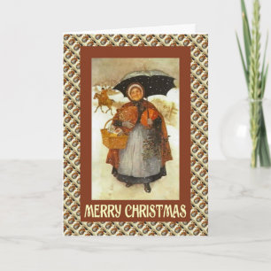 Vintage Christmas, lady with a basket of gifts Holiday Card