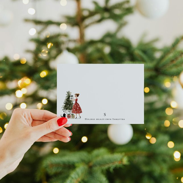 Vintage Christmas Lady with Cat Personalized Card (Creator Uploaded)