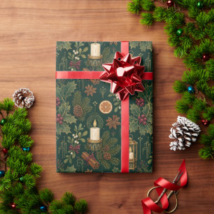 Vintage Christmas Lantern Greenery Wrapping Paper