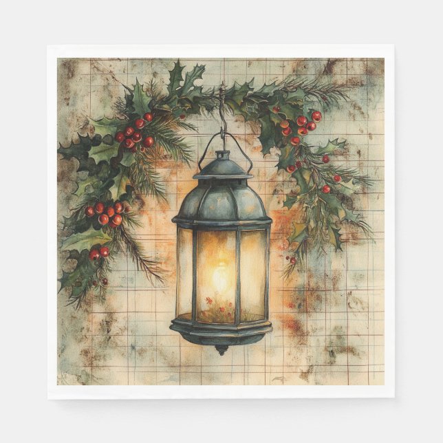 Vintage Christmas Lantern Holly & Cherries Holiday Napkin (Front)